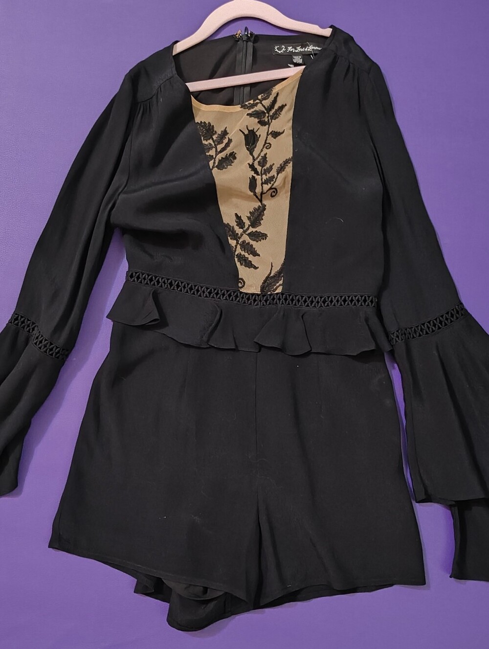For Love And Lemons Black Romper with Tan Floral Appliqué